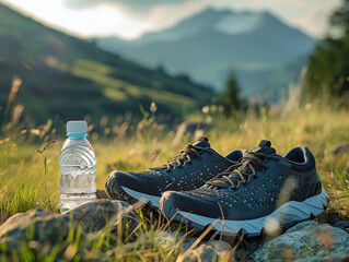 sport shoes with a bottle of drinking water