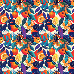 A retroinspired illustration of fruits and leaves in a 70sinspired color palette, complete with groovy patterns and psychedelic vibes