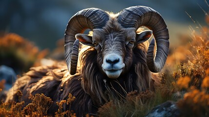 Naklejka premium An adult male European mouflon with large horns UHD Wallpaper