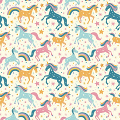 Add a touch of magic to your design with a unicorn and rainbow pattern featuring pastel colors and sparkling stars