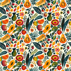 An illustration of fruits and leaves in a vintage postcard style, complete with faded colors and distressed edges for an antique feel ,