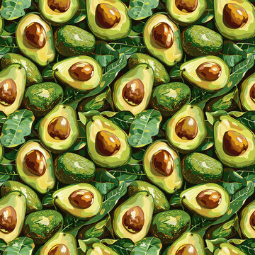A vibrant illustration of avocados with leaves, showcasing their green skin and brown seeds in closeup detail