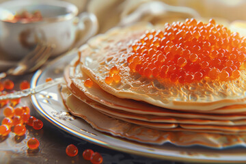 Stack of pancakes with red caviar close up, selective focus, expensive food
