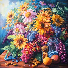 Obraz na płótnie Canvas Capture the essence of vitality and rejuvenation through an oil painting of a radiant, bursting with color, floral arrangement intertwined with vibrant health supplements Utilize vivid hues and intric