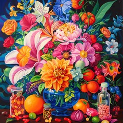 Obraz na płótnie Canvas Capture the essence of vitality and rejuvenation through an oil painting of a radiant, bursting with color, floral arrangement intertwined with vibrant health supplements Utilize vivid hues and intric
