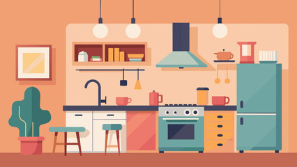  interior of a cozy kitchen with furniture and apple vector illustration 