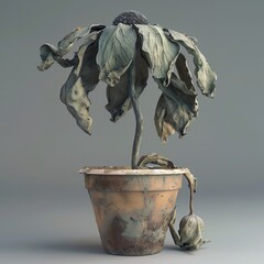 Craft a clay sculpture of a withering flower in a pot, emphasizing the effects of nutrient deficiency on its petals and stem Showcase texture and intricate details in the sculpture to evoke a sense of - obrazy, fototapety, plakaty