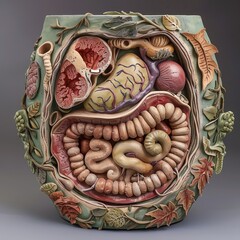 Craft a clay sculpture showcasing the journey of nutrients being absorbed in the digestive system Emphasize the intricate details of the digestive tract and the vital role of each organ involved in th - obrazy, fototapety, plakaty