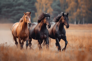 Three horses running or jumping in the field in the wild, horses in a paddock in long grass
