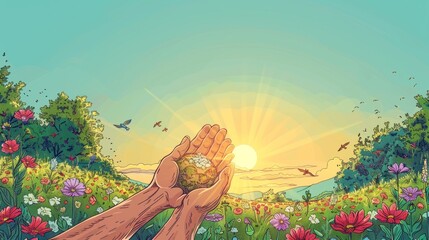 simple drawing of meadow earth in male hands on simple background,