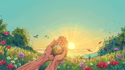 Gartenposter simple drawing of meadow earth in male hands on simple background, © neirfy