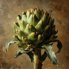 Craft a traditional oil painting that captures the essence of extracting an artichoke from a unique eye-level perspective Emphasize the play of light and shadow on the textured surface of the artichok