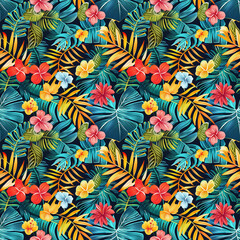 Fototapeta na wymiar Create a seamless pattern using illustrations of lush tropical leaves and flowers