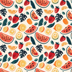 Create a wallpaper pattern with colorful fruit illustrations including watermelon, oranges, and strawberries in a handdrawn style