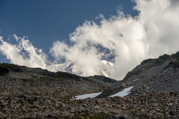 Looking Up To A Cloudy Mount Rainier From Spray Park