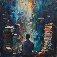 Express the feelings of procrastination and envy in a traditional acrylic painting showcasing a person surrounded by stacks of untouched tasks while gazing longingly at a distant figure reveling in su