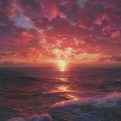 Fototapeta premium Incorporate the theme of hope into a digital photorealistic rendering of a stunning sunrise over a serene ocean, with vibrant hues blending seamlessly