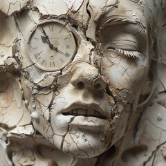 Merge Efficiency and Sadness in a surreal clay sculpture, featuring a fragmented clock symbolizing time slipping away Craft a thought-provoking piece with intricate details and textures to evoke a sen - obrazy, fototapety, plakaty