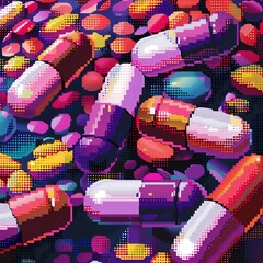Transform the concept of health supplements into a mesmerizing, abstract pixel art composition Depict a pixelated mosaic of diverse supplements, each pixel pulsating with energy and vibrancy Use a bol - obrazy, fototapety, plakaty