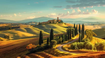 Fotobehang Tuscany landscape panorama. Wallpaper mural, hand drawing painting. Tuscan nature landscape. Italy home decoration  © Fatih