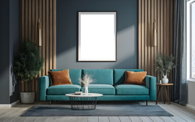 mock up poster frame in modern interior background, living room, Scandinavian style, 3D render, 3D illustration