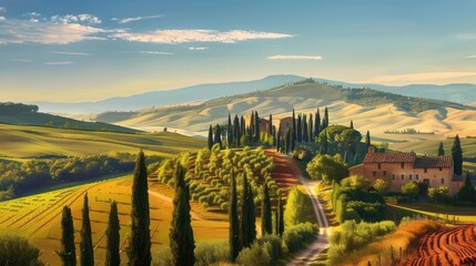 Tuscany landscape panorama. Wallpaper mural, hand drawing painting. Tuscan nature landscape. Italy...