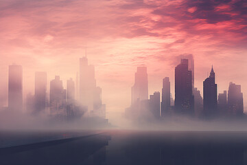 Modern city surrounded by fog and mist, pink or purple sunset, purple glow