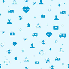 Seamless medical illustration with icons of different shapes and sizes, blue background. Square pattern with space for copy, healthcare, treatment, virus, doctor, cross, heart