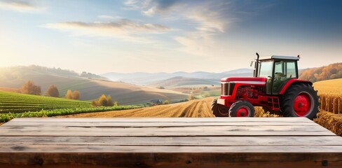 Empty wooden table top with farm landscape whit tractor during the autumn, sunset light background. 