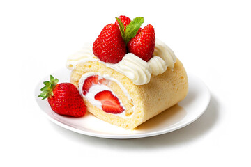 皿に乗せた苺とクリームのロールケーキ　白背景の切り抜き