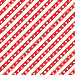 Vector background with white and red stripes and stars on stripes. Square illustration with copy space, banner for text, postcards, gift paper, red stripes on white background