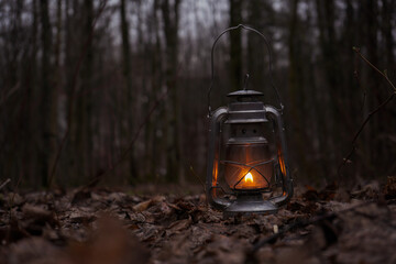 light from a kerosene lamp in a dark forest.