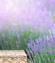 Perspective background with wooden table for your design. Lavender field region Provence - 784809687