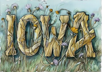 Botanical Art of Iowa Lettering Composed of Wood and Foliage Surrounded by Wildflowers and Insects