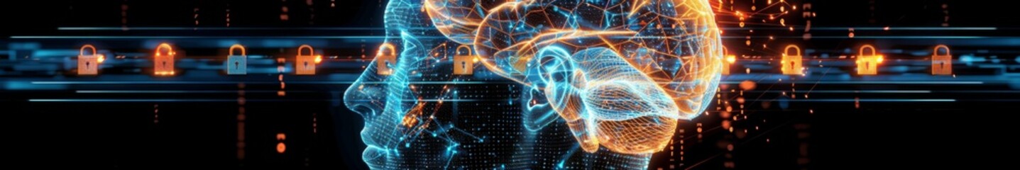Obraz premium Ethereal Digital Face: Contemplative Profile Wrapped in a Matrix of Cybersecurity, Illustrating the Personal Impact of Digital Privacy