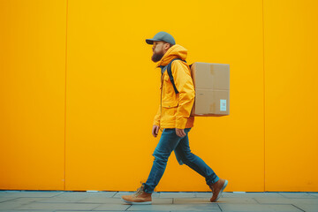Delivery Man Walking by a Vibrant Orange Wall