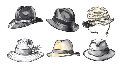 Hats collection, vector sketch illustration. Different types of hats, cap, panama, french beret, knitted winter hat, floppy beach hat, newsboy cap isolated on white background.