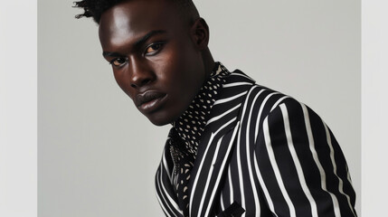 A suave black man exudes confidence as he poses in a sleek black suit with graphic white stripes....