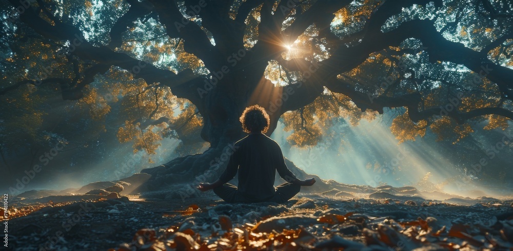 Poster a photograph of a person sitting in a meditation pose in front of a large tree with branches outstre