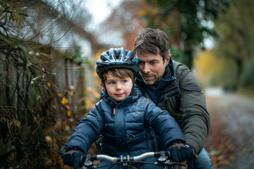 Fototapeta premium Man Riding Bike Next to Little Boy