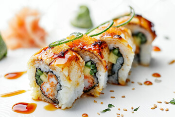Delicious Sushi Roll with Spicy Sauce Close-Up