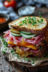 Gourmet Sandwich with Ham and Fresh Vegetables on Rustic Wood