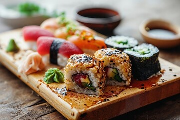 Assorted Fresh Sushi Set on a Wooden Board