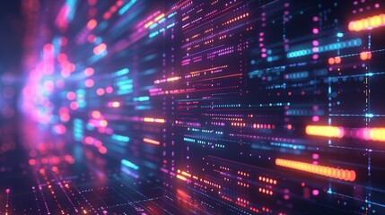 Obraz premium Digital electronic technology glowing background. Blockchain technology wallpaper. Computer network shiny poster. Bright lights. Raster bitmap digital illustration. AI artwork. 
