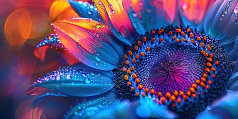 photo closeup of sunflower, fluorescent blue petals, pink center  - Powered by Adobe