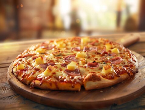 Hawaiian Ham Pineapple Mozzarella Cheese Pizza Slice Whole Box Background Image
