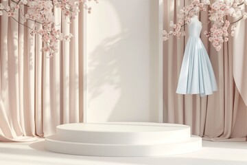 A chic fashion podium flanked by cherry blossoms presents a perfect stage for boutique showcases and high-end apparel displays.