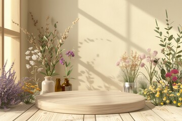 A rustic wooden podium surrounded by a wildflower arrangement, casting soft shadows, suitable for natural product displays or organic marketing.