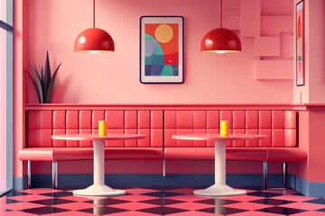 A nostalgic diner scene in pink and red, featuring sleek tables and cozy booths, perfect for thematic restaurant promotions or retro-inspired projects.