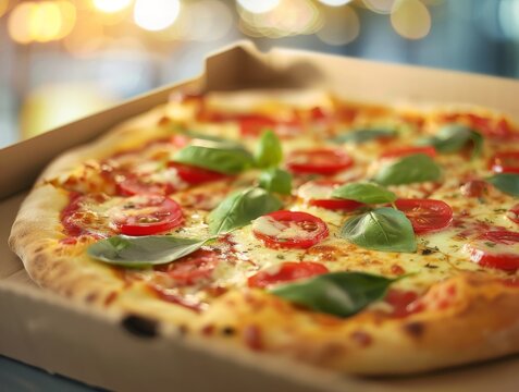 Margherita Tomato Basil Mozzarella Cheese Pizza Vegetarian Slice Whole Box Background Image